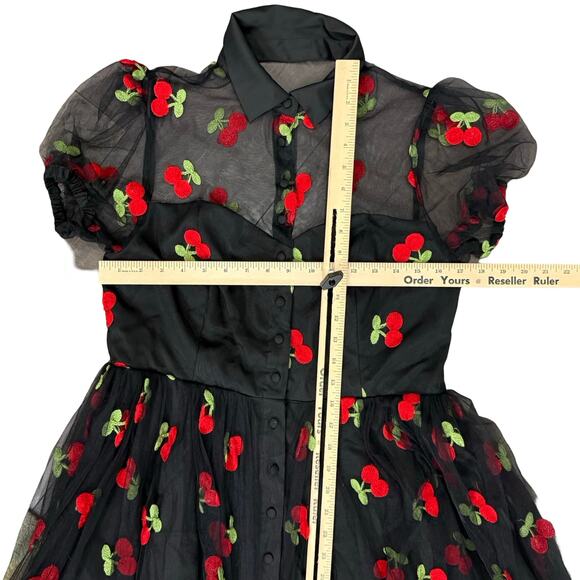 Unique Vintage Collared Sheer Embroidered Black Red Cherry Dress size L 10 12 - Picture 5 of 15